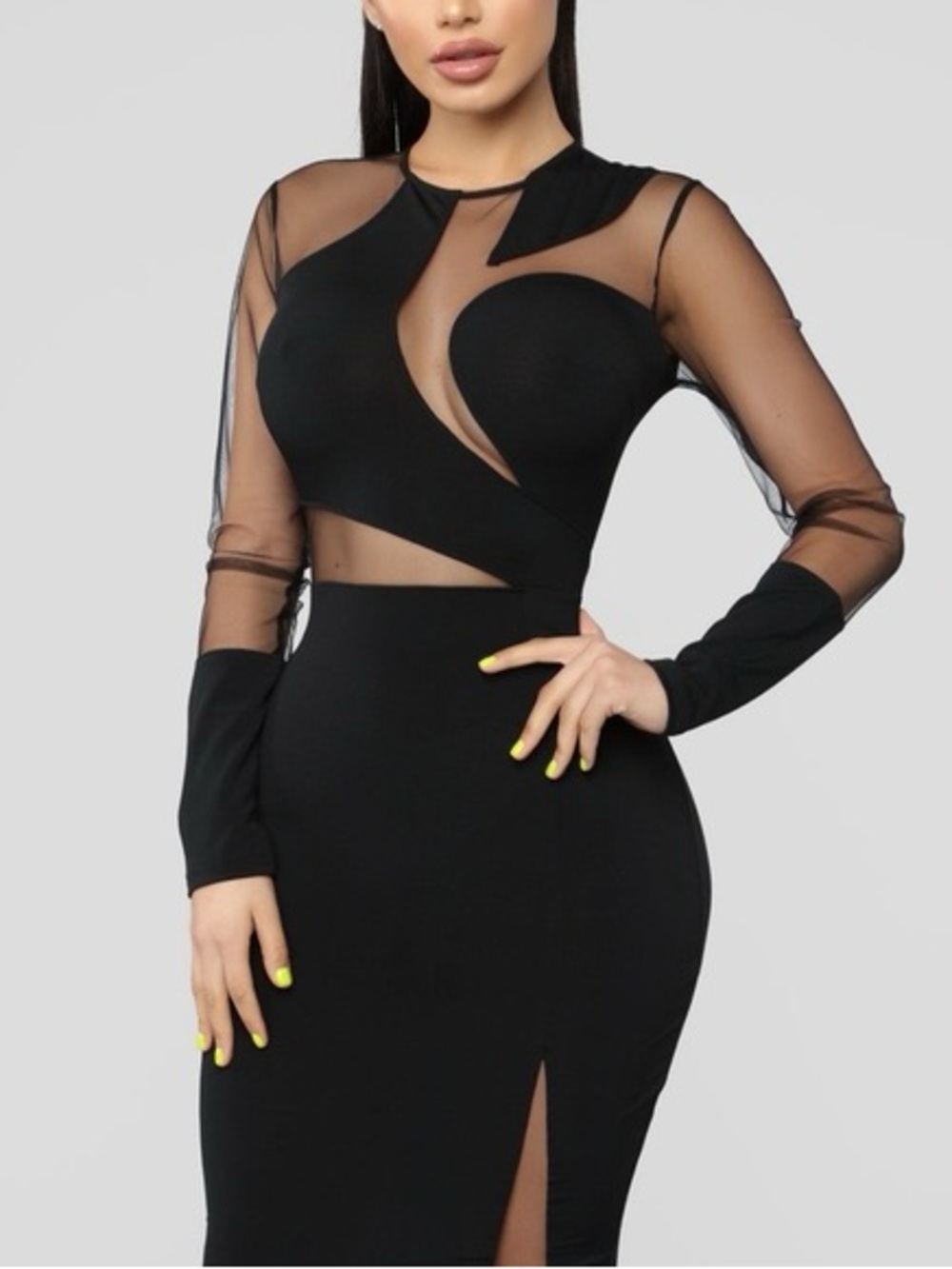 Fashion Nova Black Sheer-Panel Cutout Long Sleeve Bodycon Dress